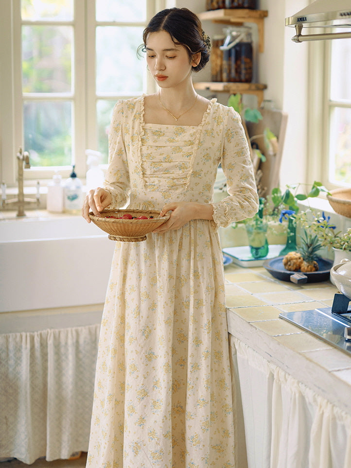 Floral Cottagecore Long-Sleeve Cotton Dress - Yellow Floral / S Floral Cottagecore Long-Sleeve Cotton Dress - Yellow Floral / S