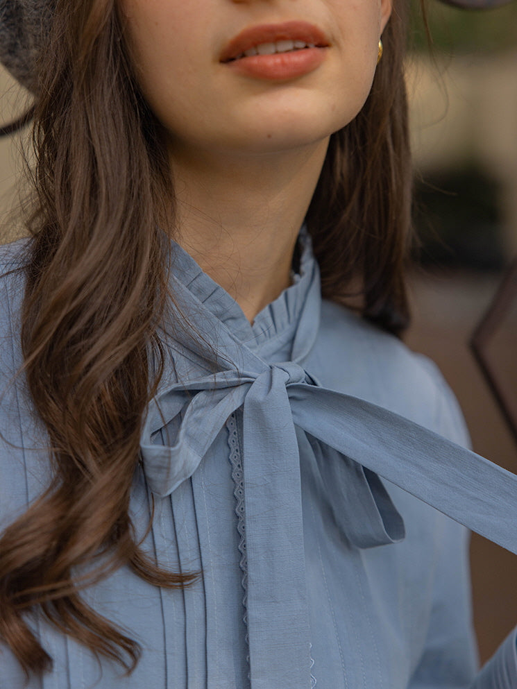 Vintage-Inspired Ribbon Tie Cotton Blouse