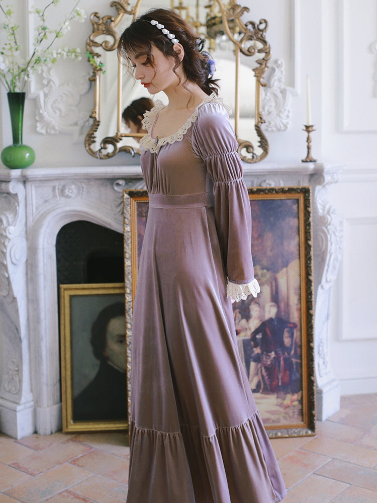 Vintage-Inspired Purple Velvet Long Dress