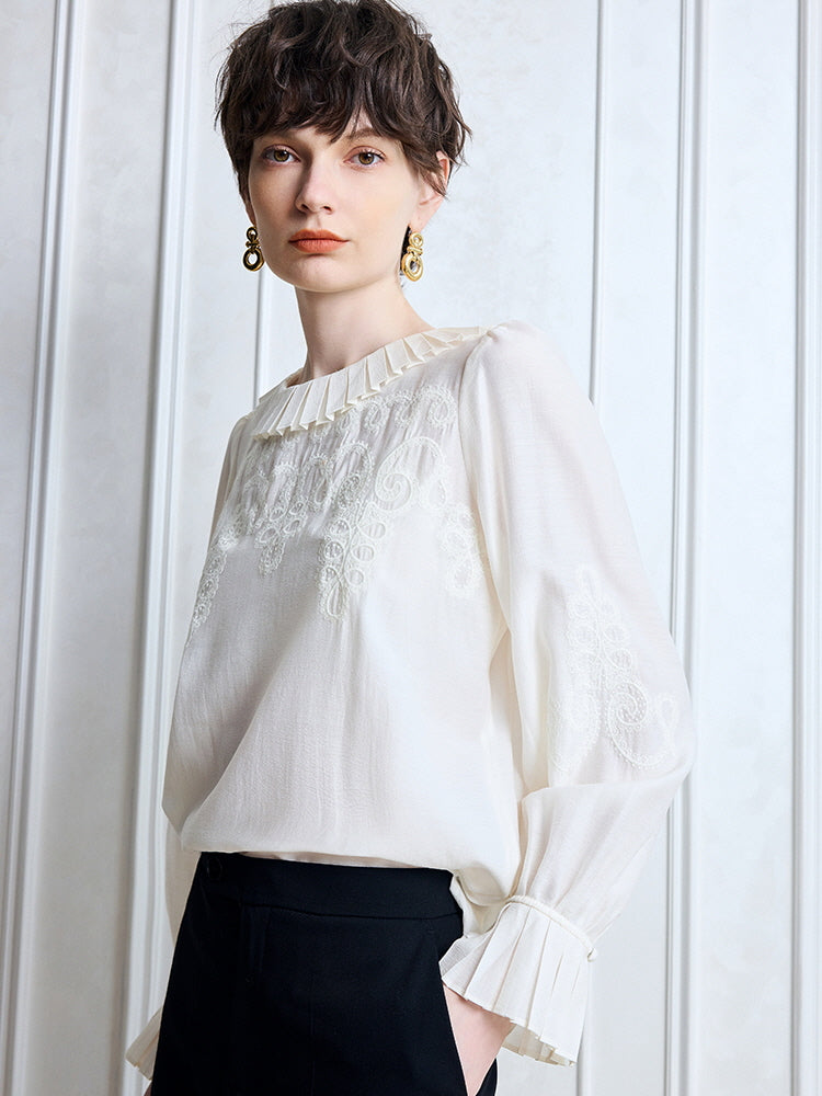 Pleated Collar Embroidered Blouse