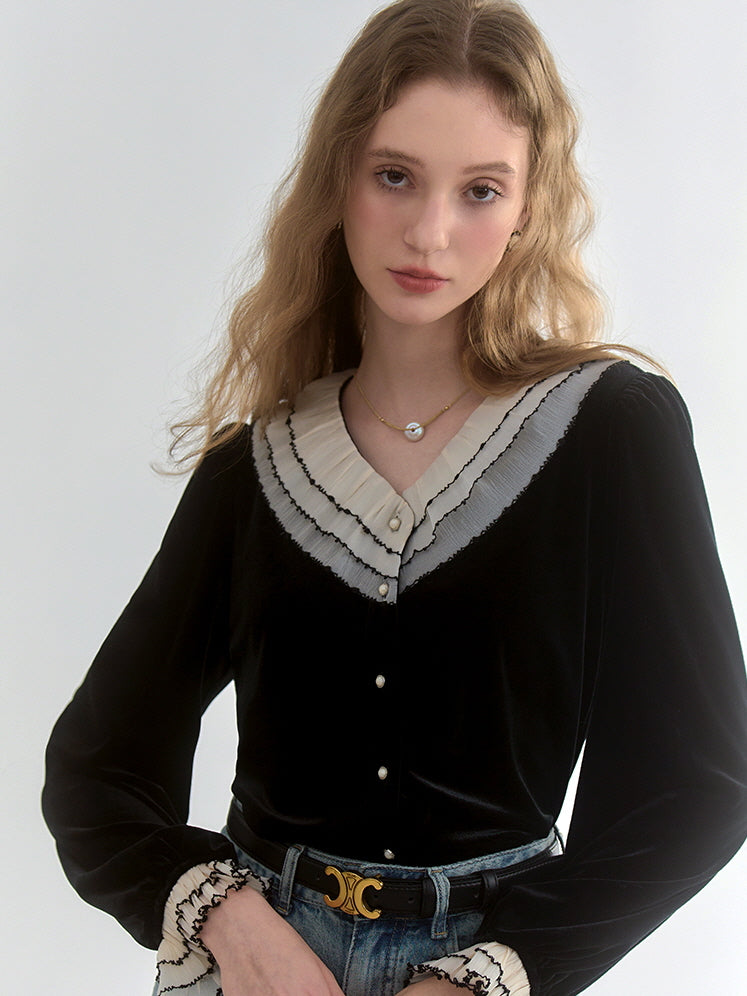 Black Velvet Contrast-Collar Cardigan