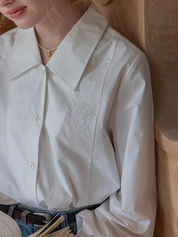 White Flower Embroidered Classic Blouse