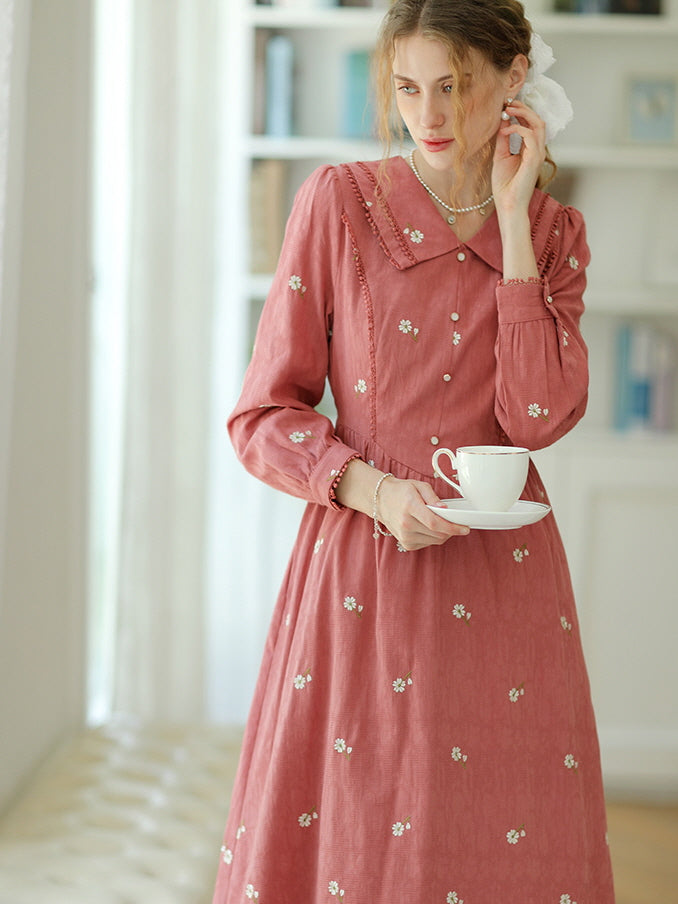 Daisy Dream Embroidered Pink Cotton Dress