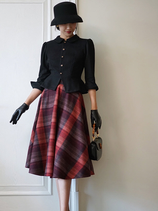 Autumn Plaid Red Checkered Wool Vintage Skirt