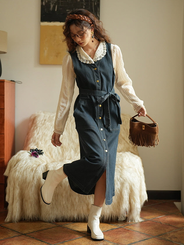 Vintage Denim Sleeveless Dress with Belted Waist