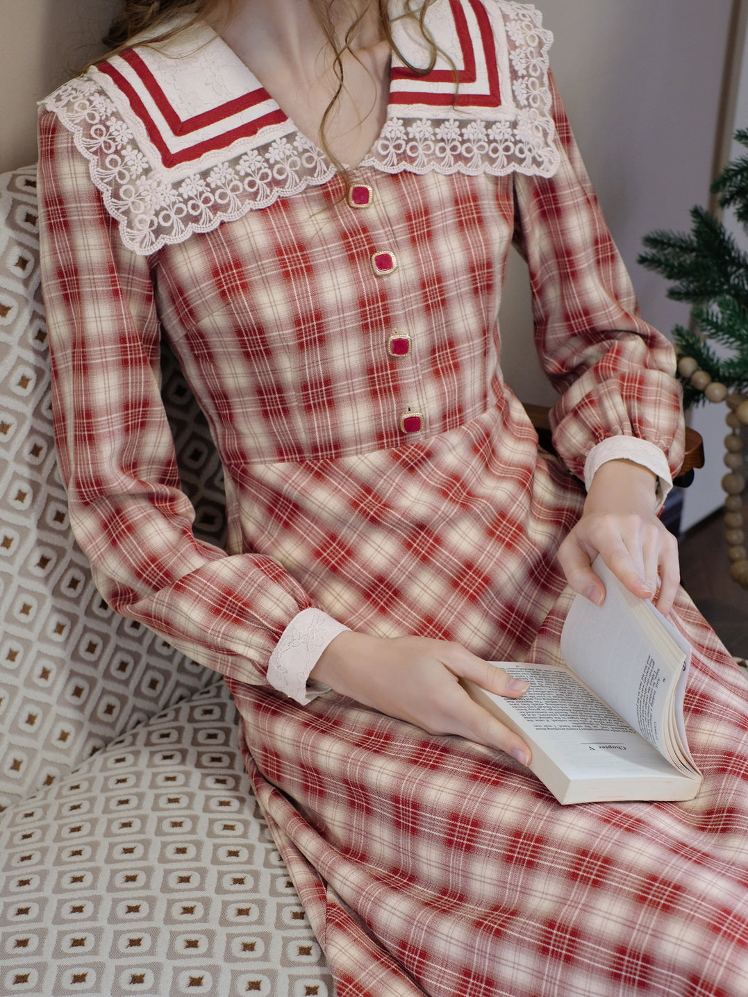 Vintage Red Checkered Lace Collar Dress