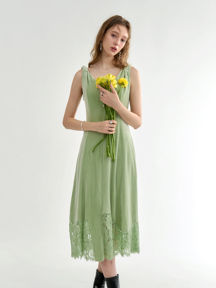 Green Velvet Lace-Trimmed Dress