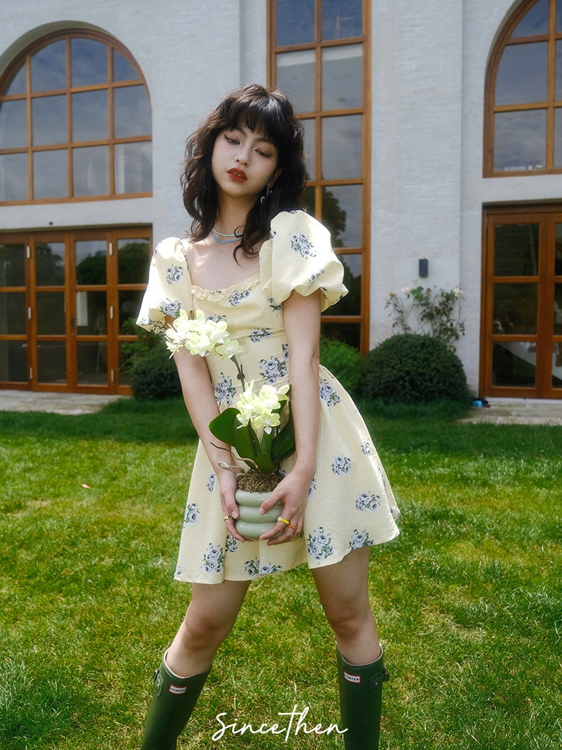 Sunlit Meadow Floral Puff-Sleeve Coquette Dress