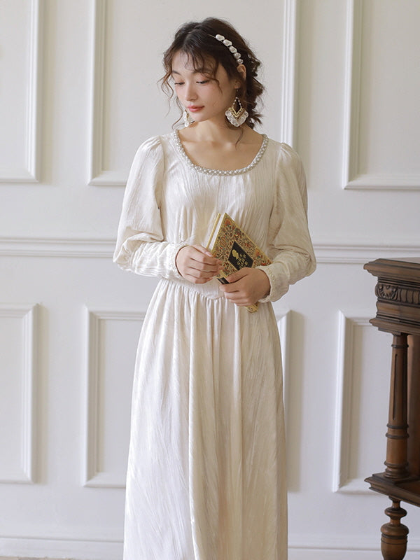 Elegant Pearl-Trimmed Ivory Long Dress