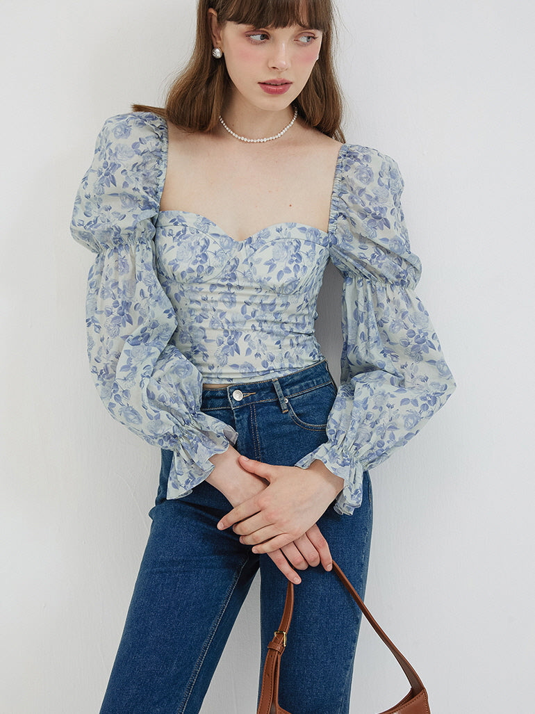 Blue Floral Puff Sleeve Blouse