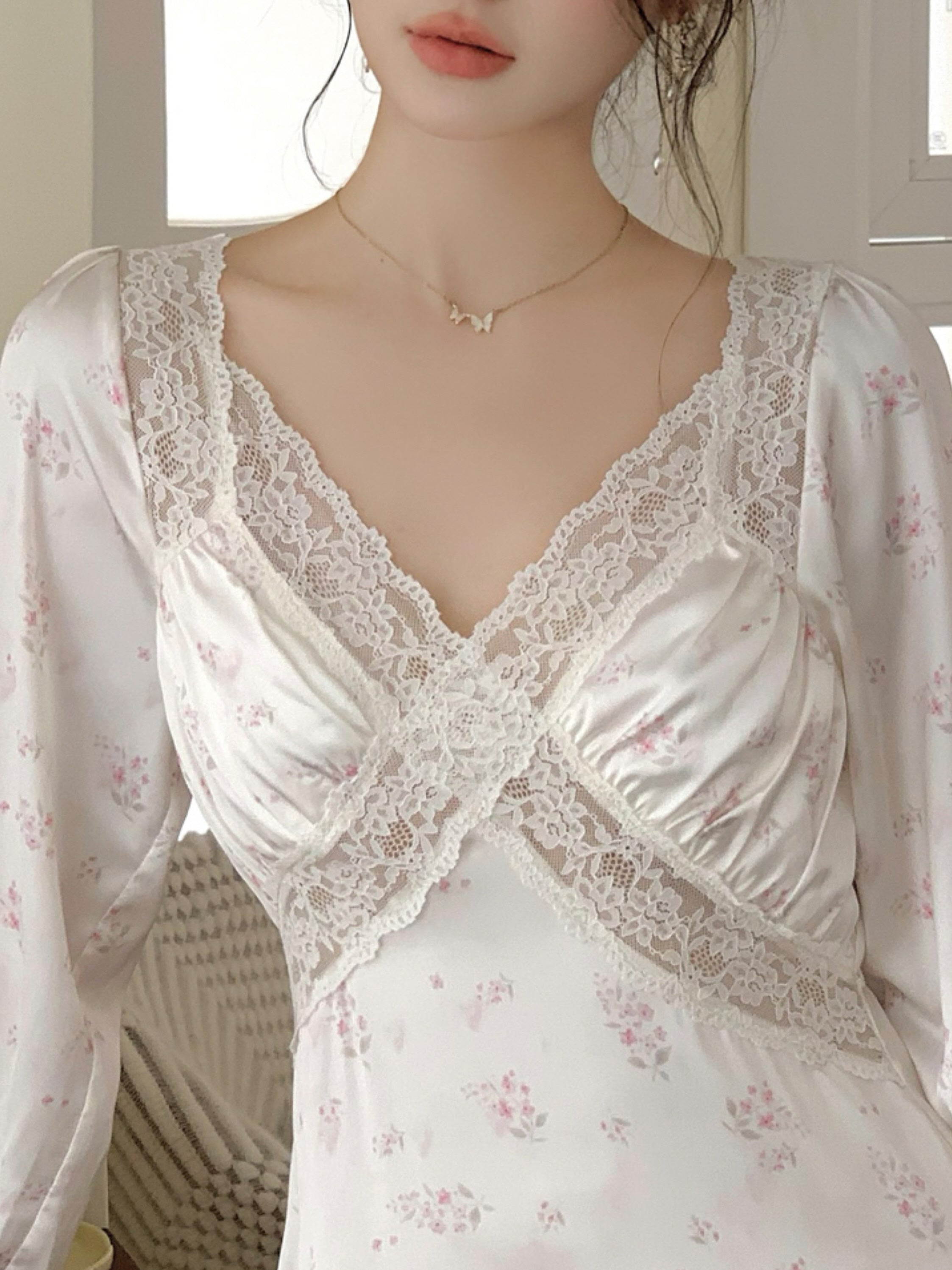 Delicate Floral Lace-Trim Nightgown