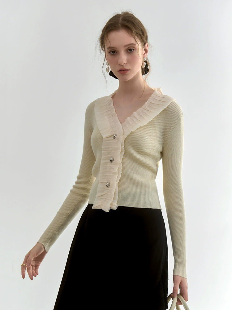 Cream Ruffle-Trim Wool-Blend Cardigan