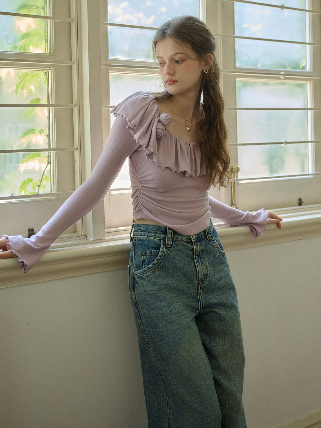 Whimsical Lilac Ruffled Knit Top