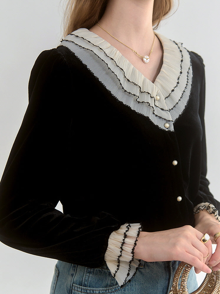 Black Velvet Contrast-Collar Cardigan