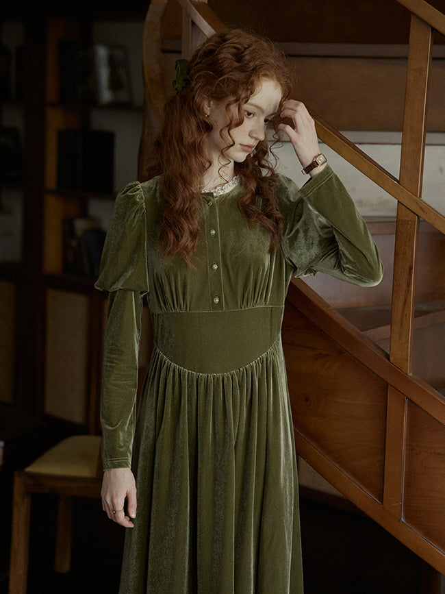 Olive Velvet Lace-Trimmed Vintage Dress