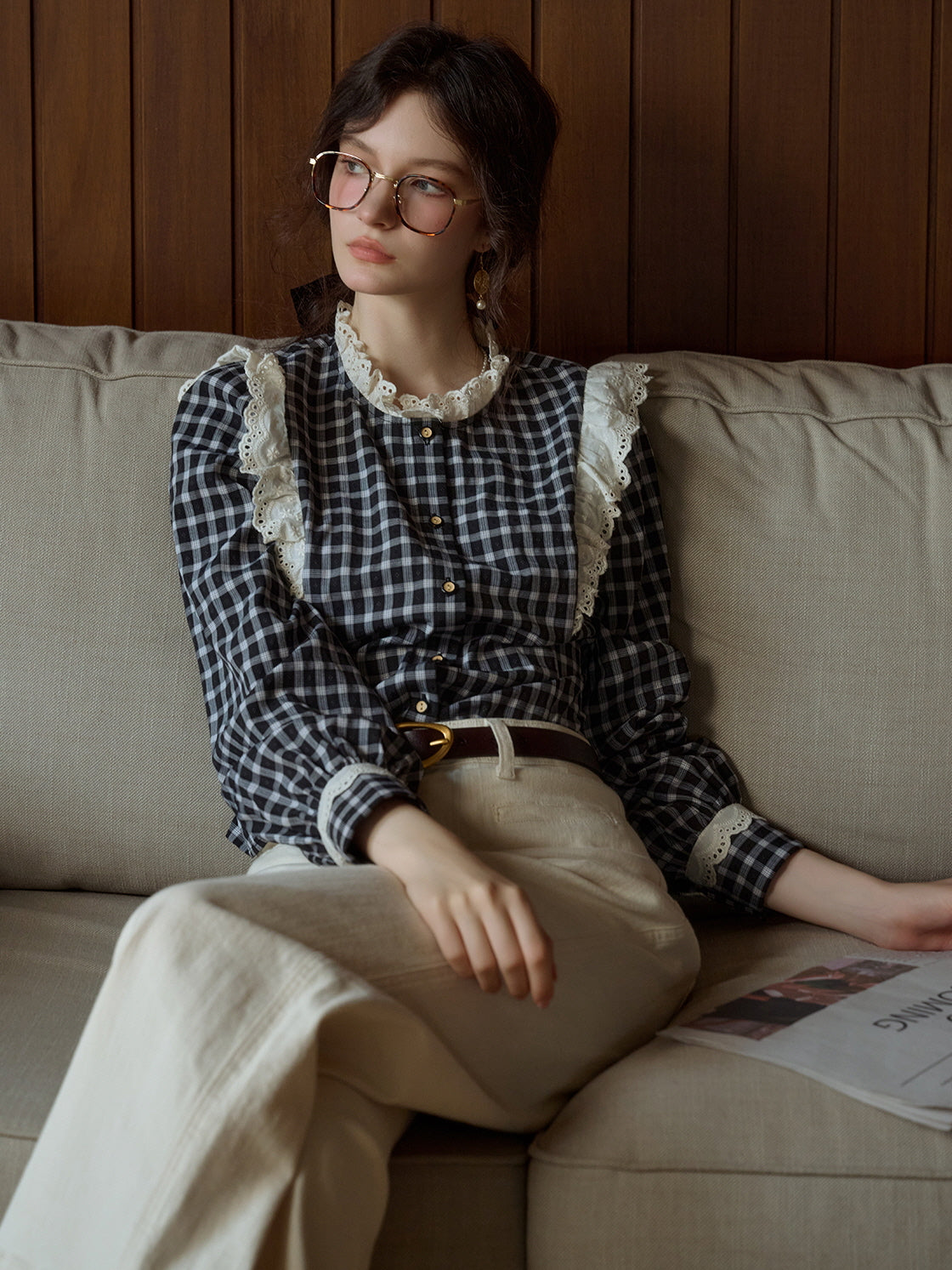 Gingham Blouse with Lace Trim