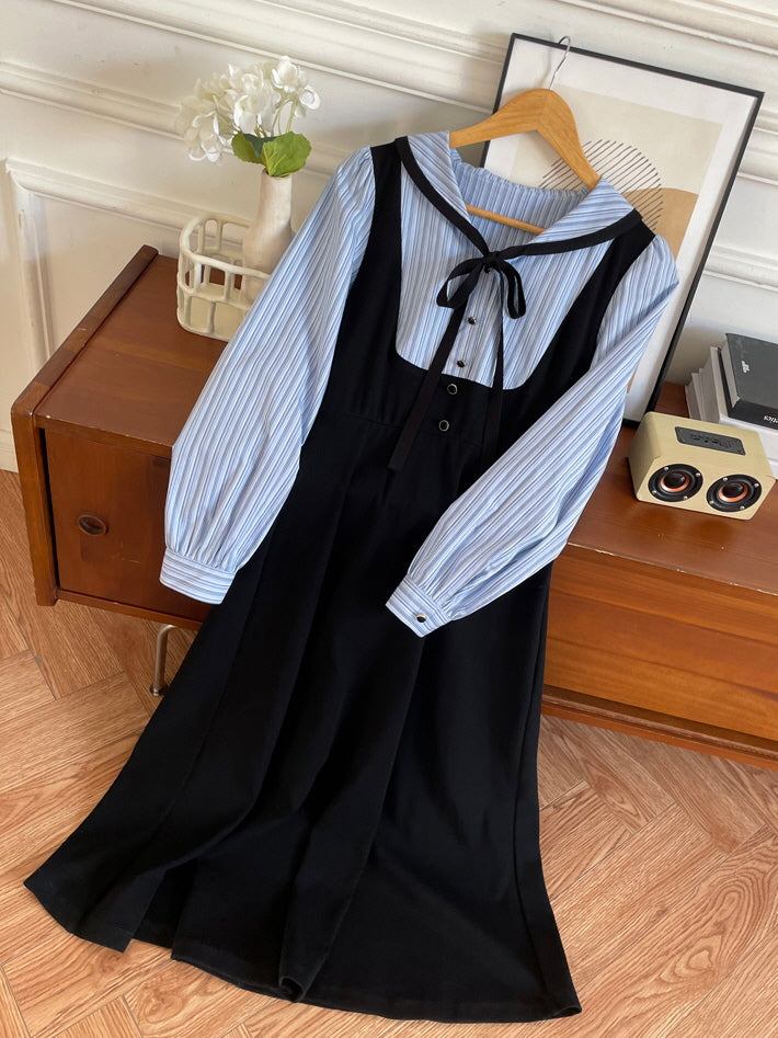 Vintage Sailor Collar Layered Shirt Dress