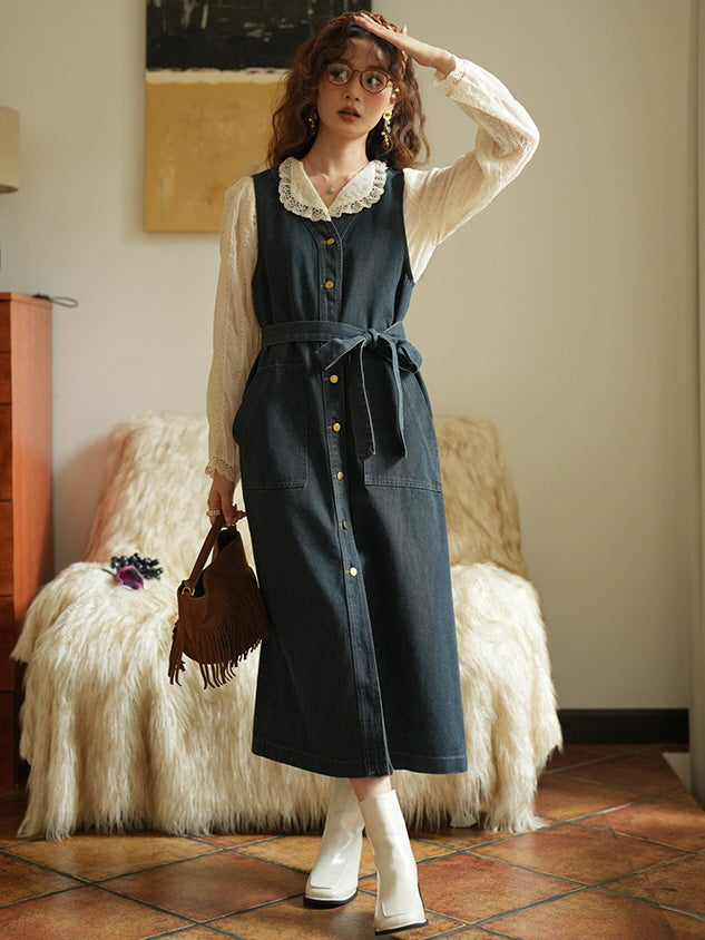 Vintage Denim Sleeveless Dress with Belted Waist