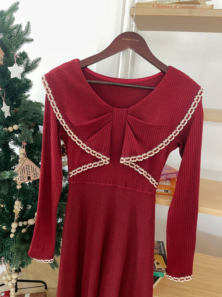 Festive Red Knit Dress with Lace Bow Detail