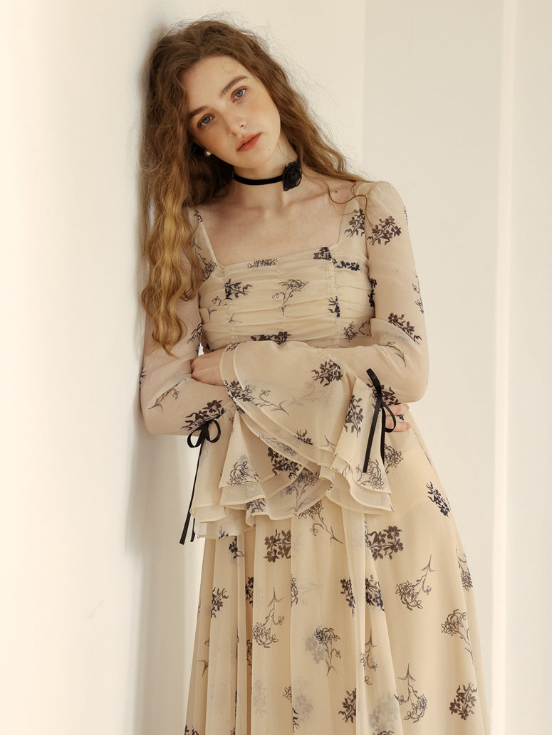 Enchanted Garden Long Beige Floral Dress