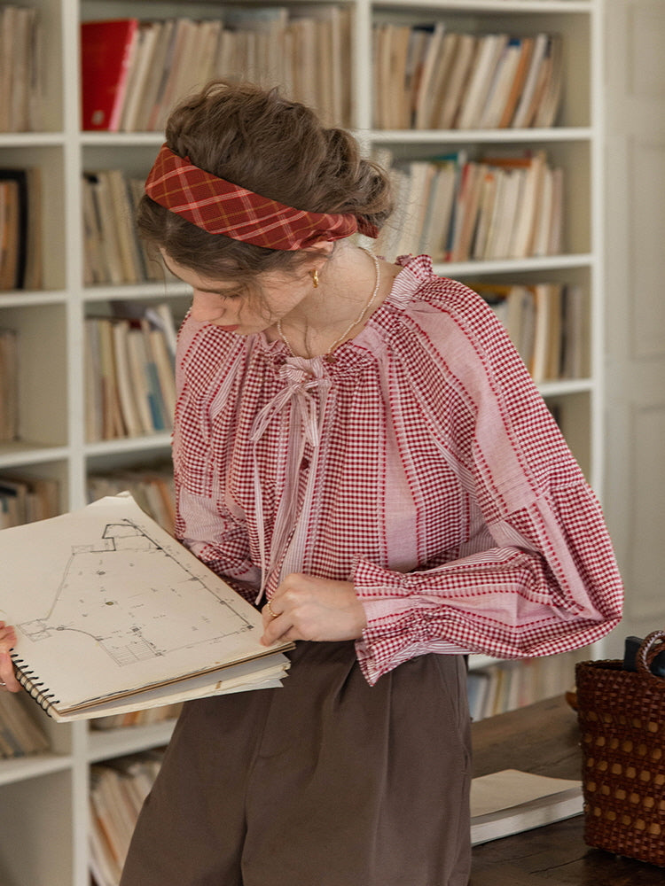 Vintage Gingham Puff-Sleeve Cotton Blouse