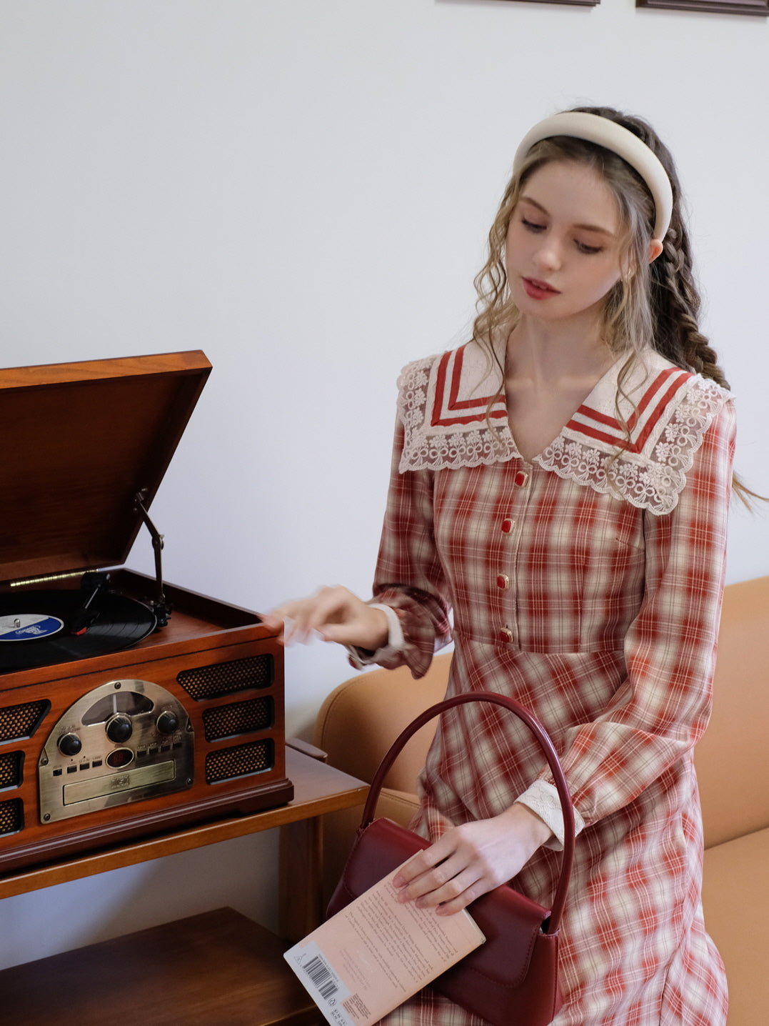 Vintage Red Checkered Lace Collar Dress