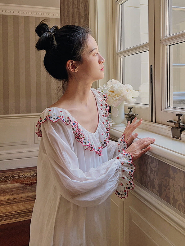 Floral Serenity Embroidered Cotton Nightgown