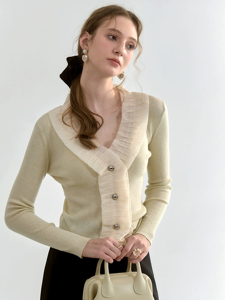 Cream Ruffle-Trim Wool-Blend Cardigan