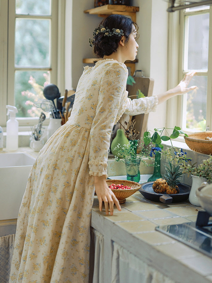 Floral Cottagecore Long-Sleeve Cotton Dress - Yellow Floral / S Floral Cottagecore Long-Sleeve Cotton Dress - Yellow Floral / S