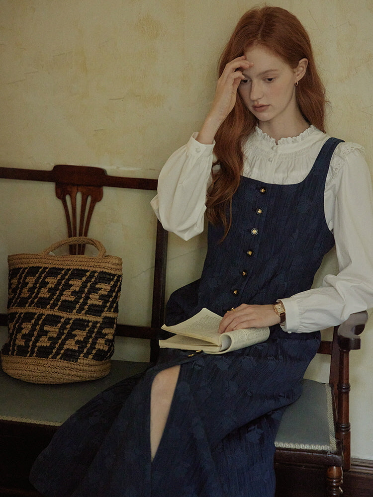 Vintage Midnight Blue Cottagecore Pinafore Dress Blue Denim(Pre-Sale 10-14days) / L Vintage Midnight Blue Cottagecore Pinafore Dress Blue Denim(Pre-Sale 10-14days) / L