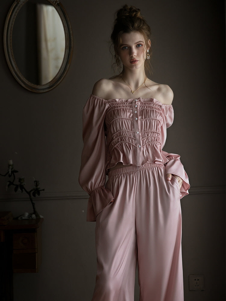 Pearl-Embellished Silk Pink Lounge Set