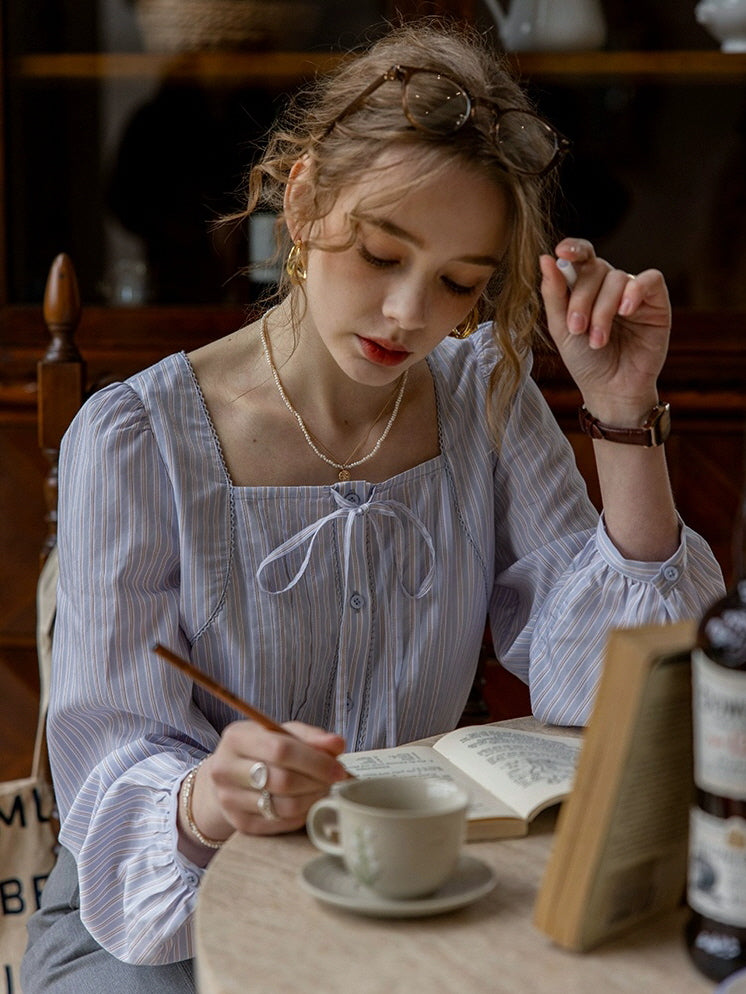 Blue Stripe Ribbon Blouse