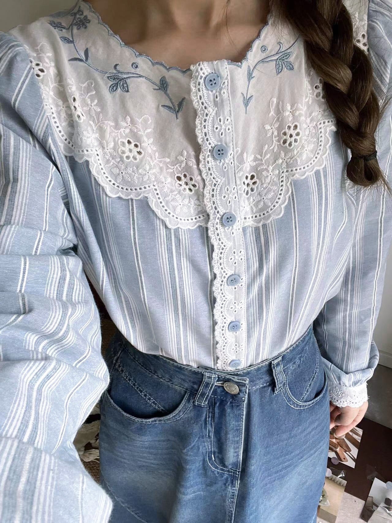 Blue Striped Cotton Lace Blouse