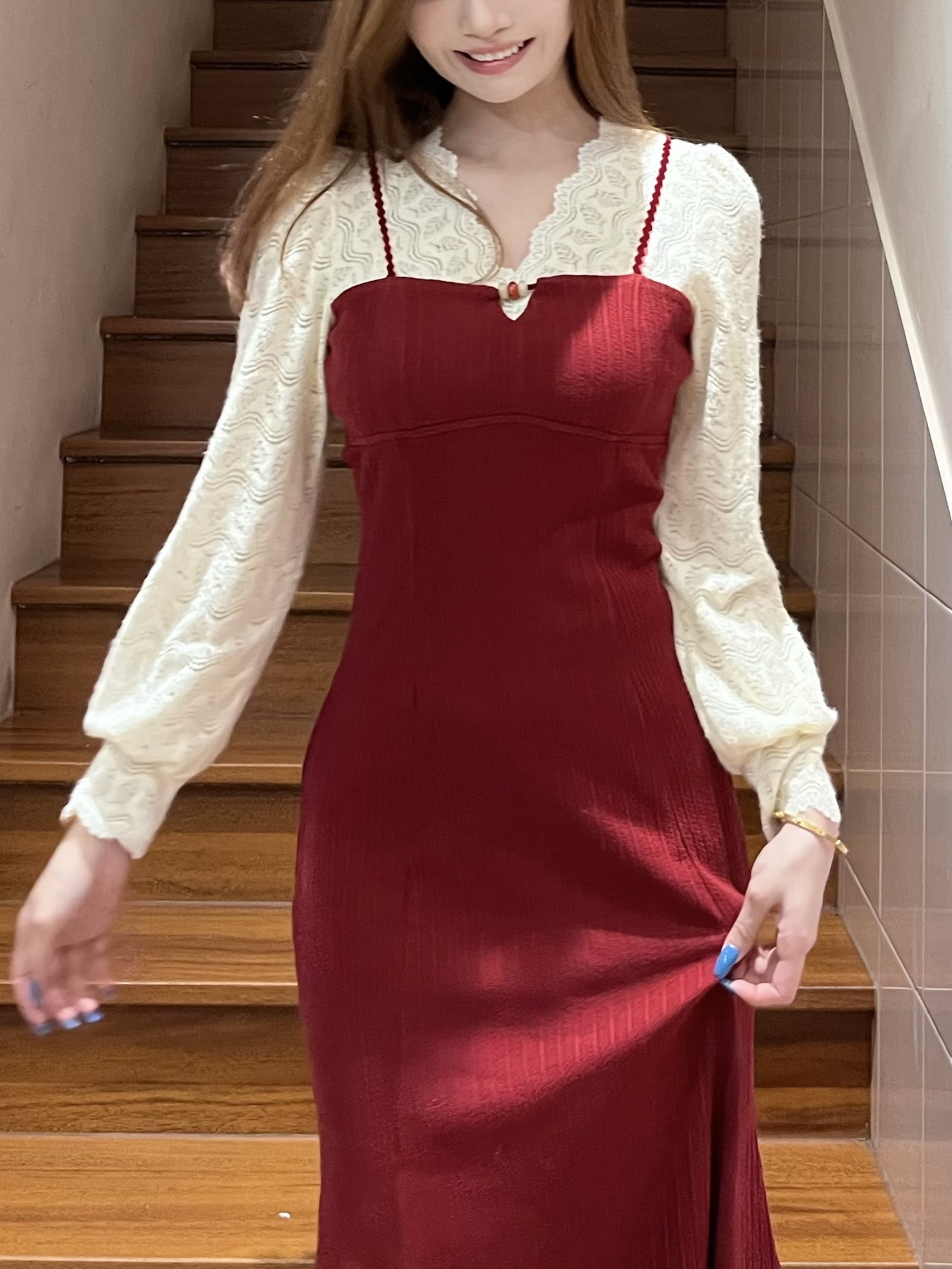 Romantic Lace Knit and Burgundy Dress