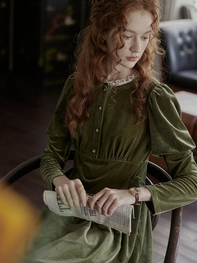 Olive Velvet Lace-Trimmed Vintage Dress