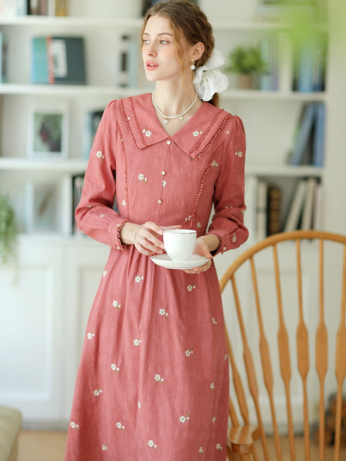 Daisy Dream Embroidered Pink Cotton Dress