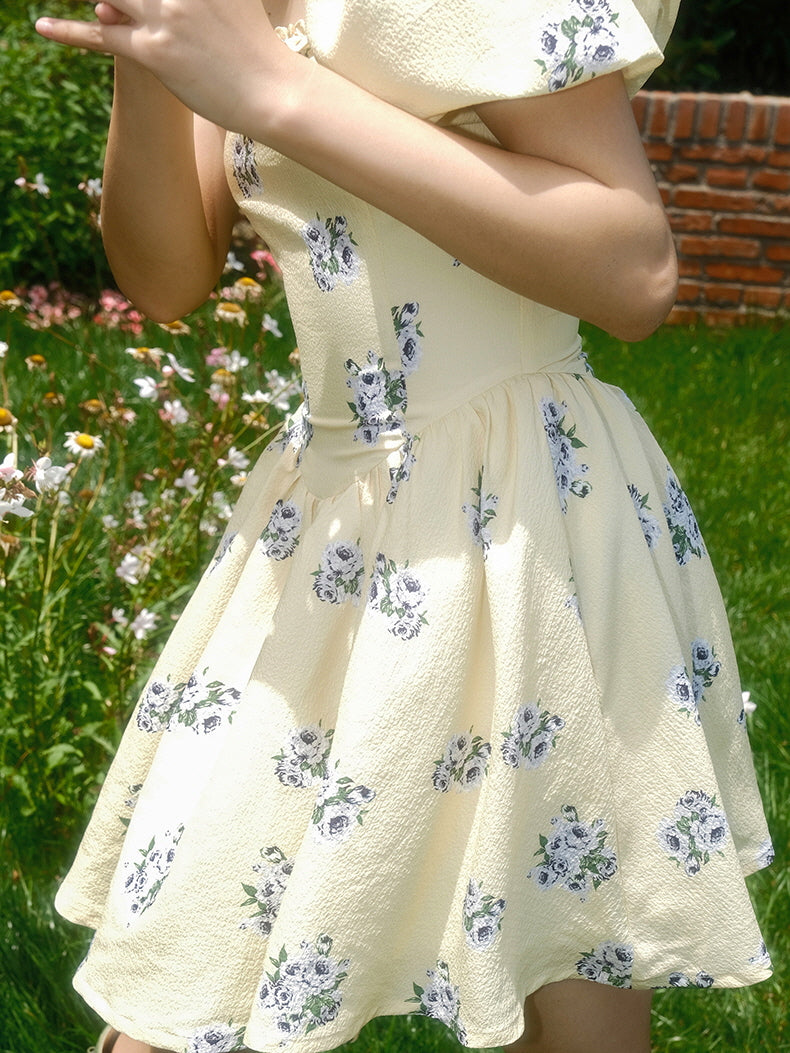 Sunlit Meadow Floral Puff-Sleeve Coquette Dress