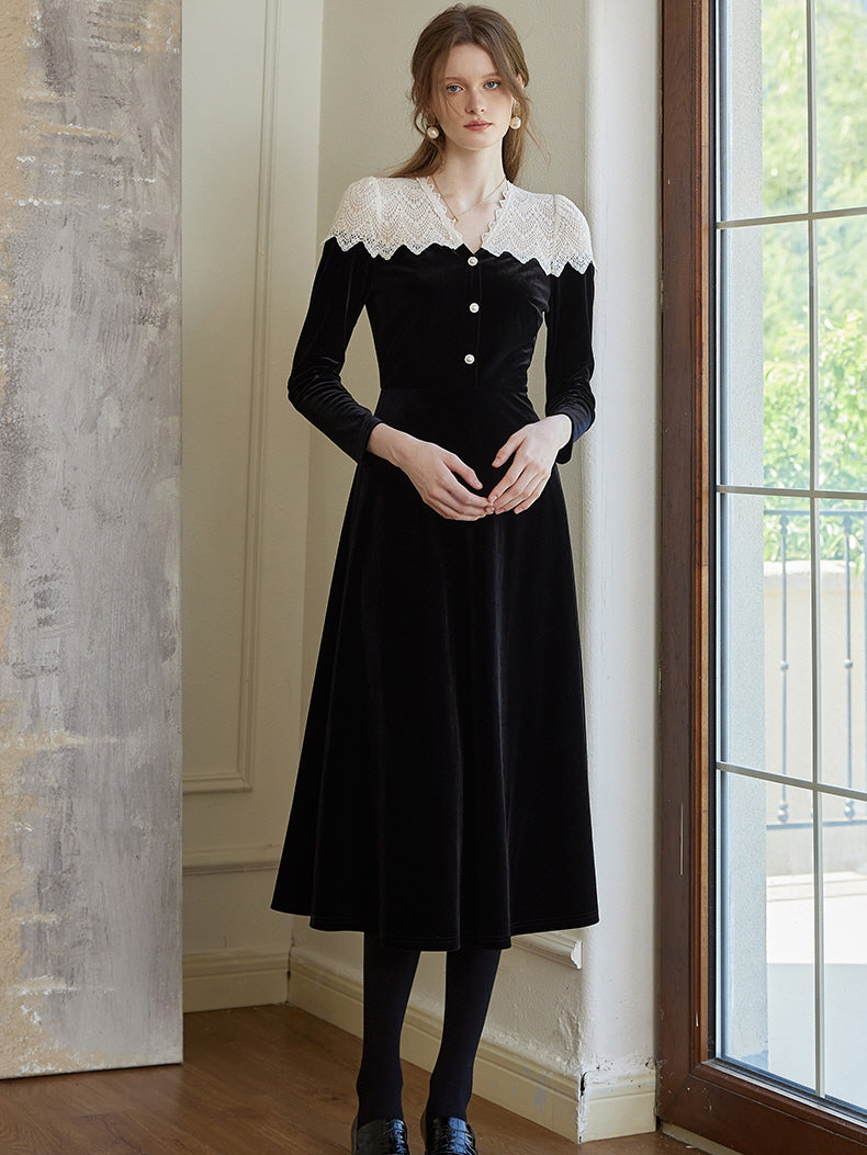 Velvet Lace Collar Vintage Black Dress