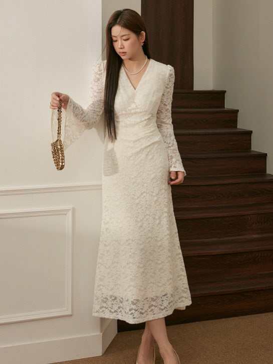 Romantic Ivory Lace Bell-Sleeve Dress