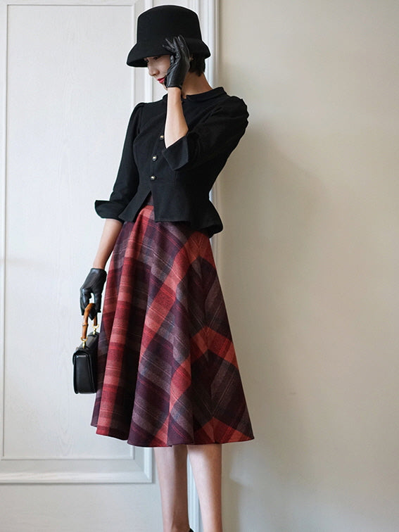 Autumn Plaid Red Checkered Wool Vintage Skirt