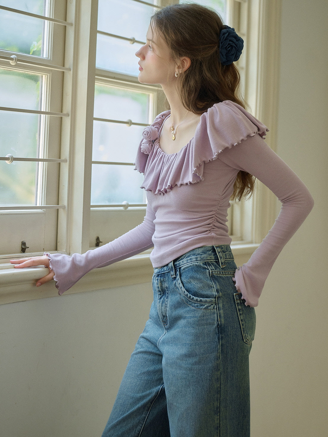 Whimsical Lilac Ruffled Knit Top