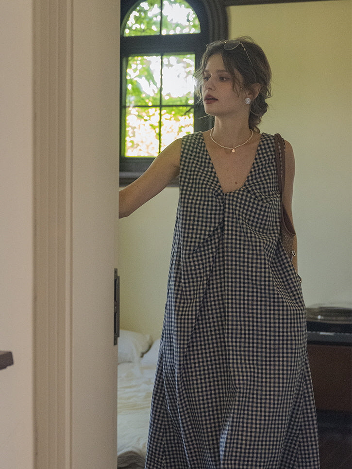 Classic Checkered Cotton-Linen Summer Dress