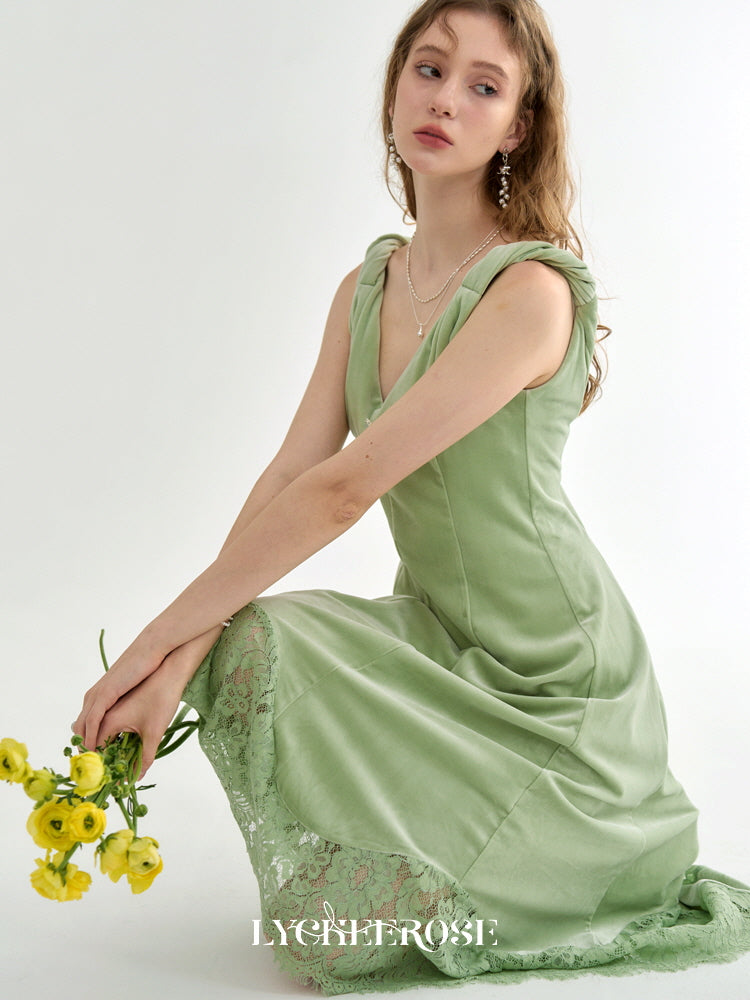 Green Velvet Lace-Trimmed Dress