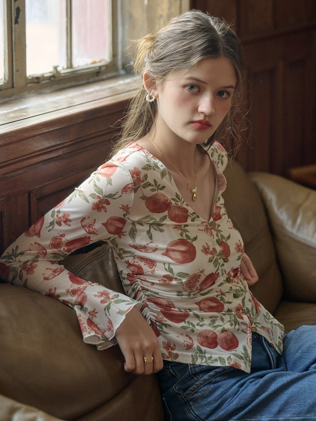 Pomegranate Vintage Print Button-Up Top