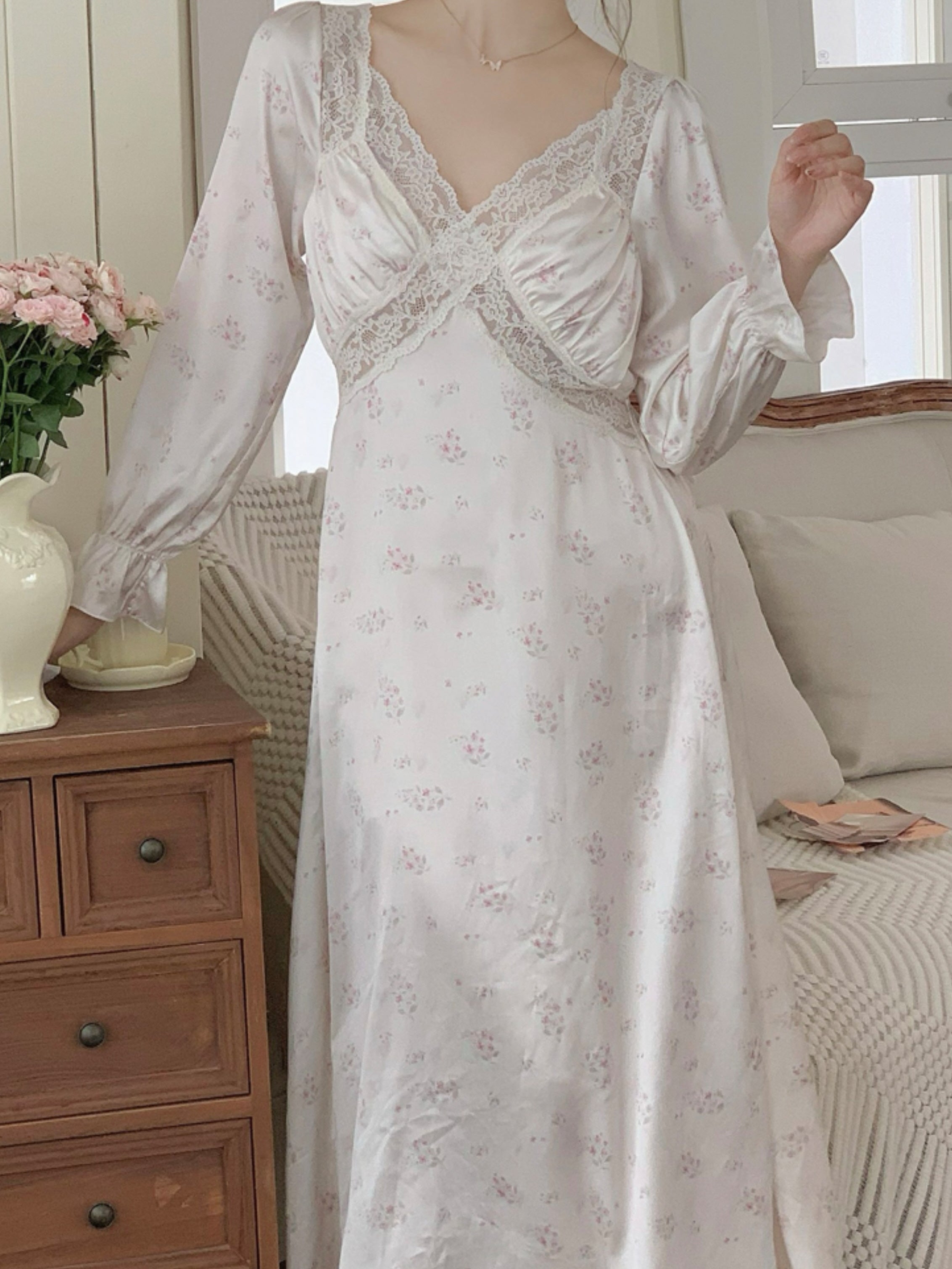 Delicate Floral Lace-Trim Nightgown