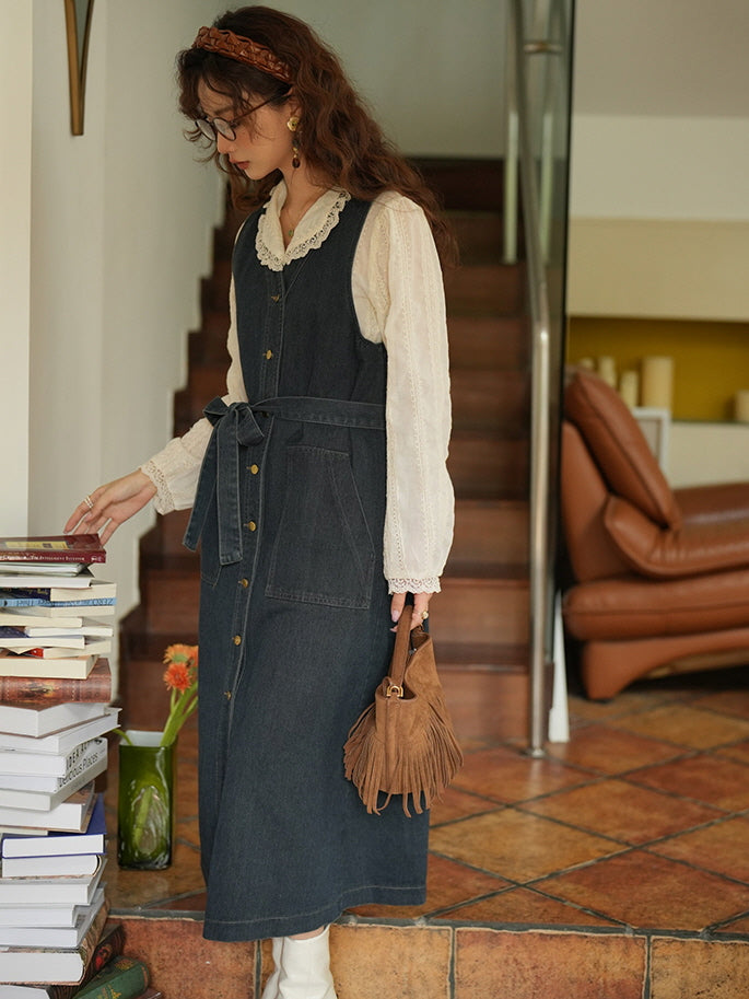 Vintage Denim Sleeveless Dress with Belted Waist