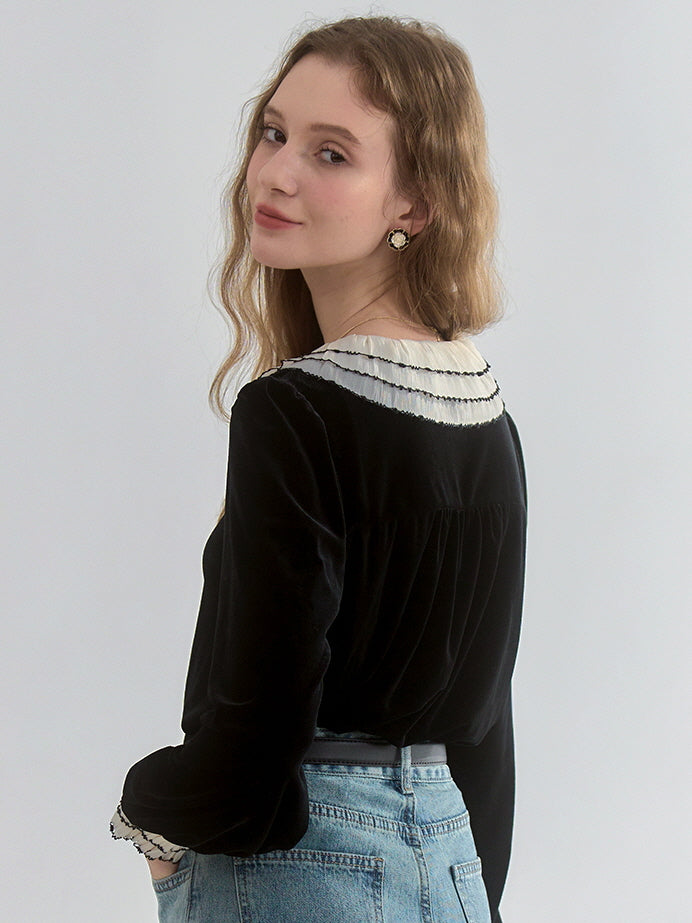 Black Velvet Contrast-Collar Cardigan