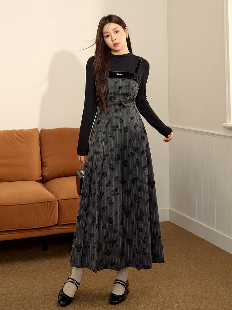 Elegance Noir Floral Velvet Embroidered Pinafore Dress