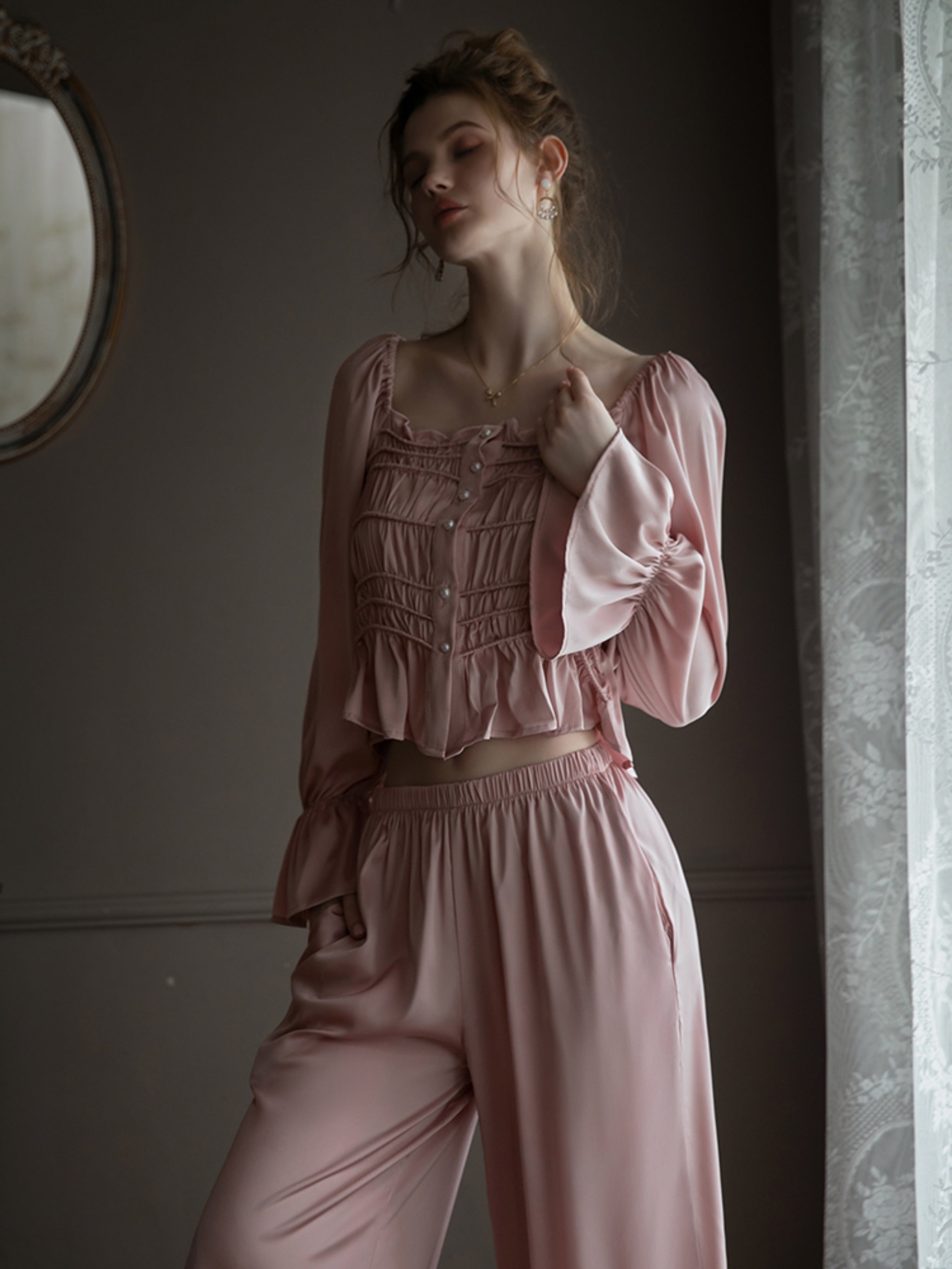 Pearl-Embellished Silk Pink Lounge Set