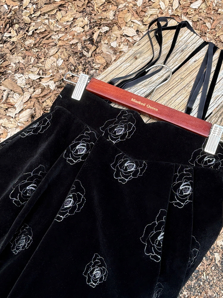 Embroidered Velvet Rose Black Skirt